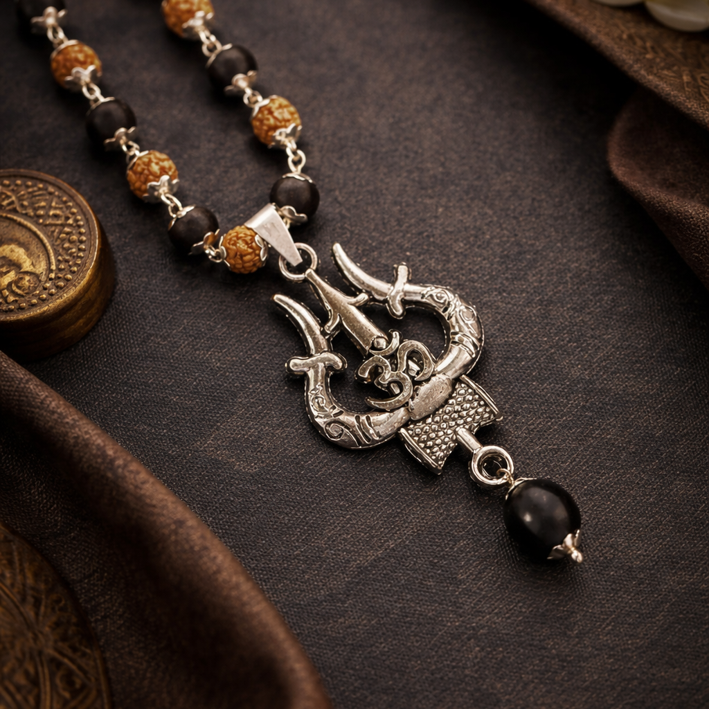 Silver Plated Om Trishul Rudraksha Karungali Necklace