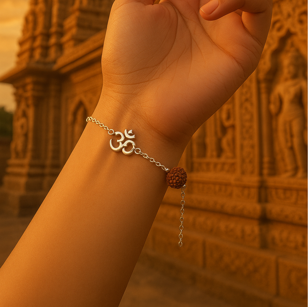 Hand wearing a bracelet with an Om symbol in front of a temple.