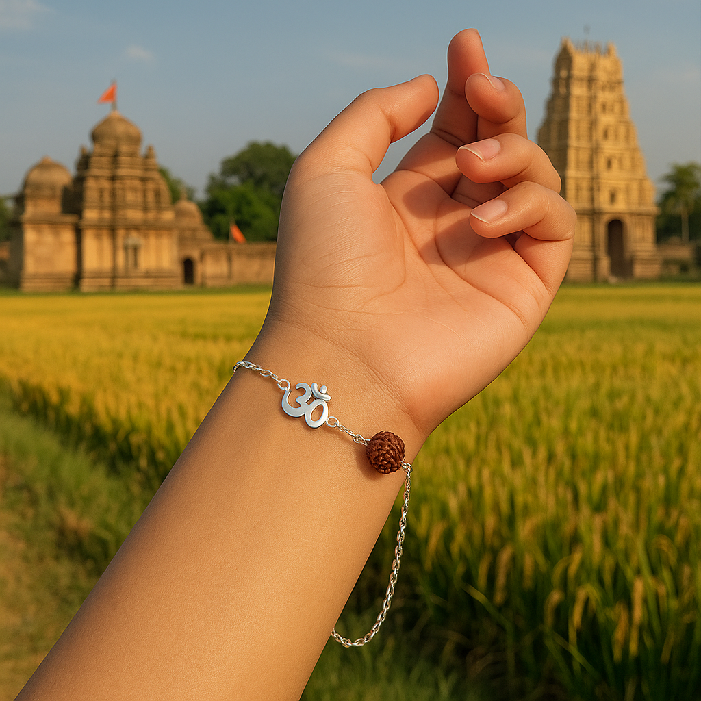 Hand wearing a silver plated Om Divine bracelet