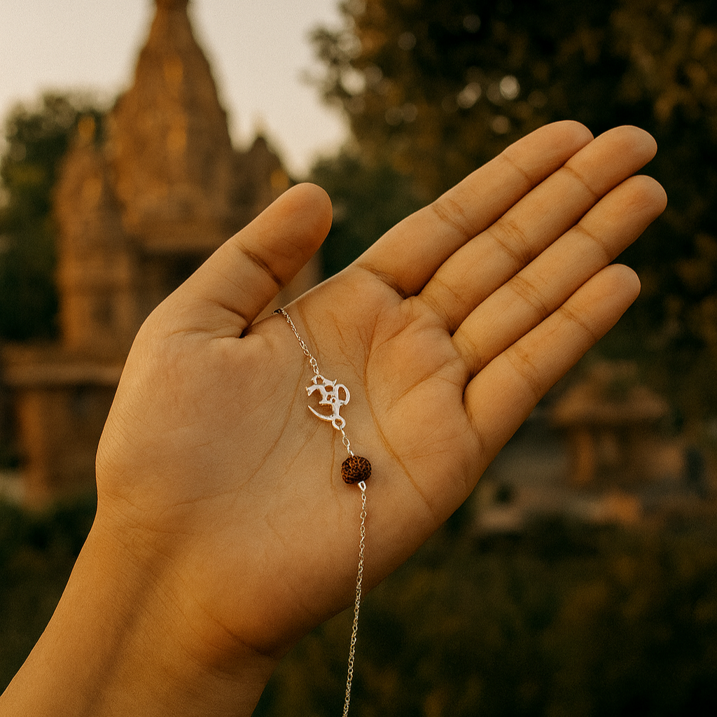 Hand wearing a silver plated om divine bracelet