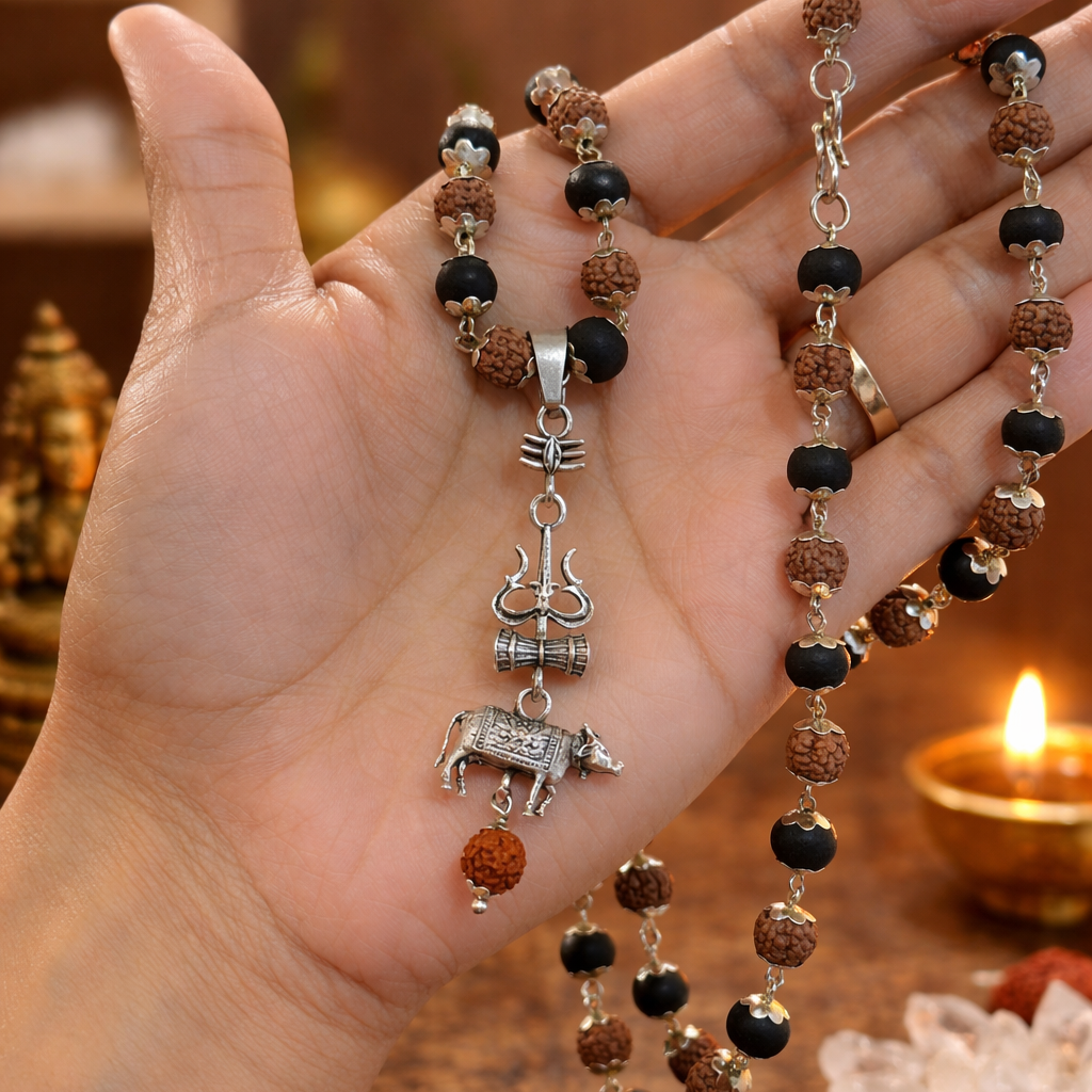 Shiv Nandi Rudraksha Karungali Necklace - Silver Plated