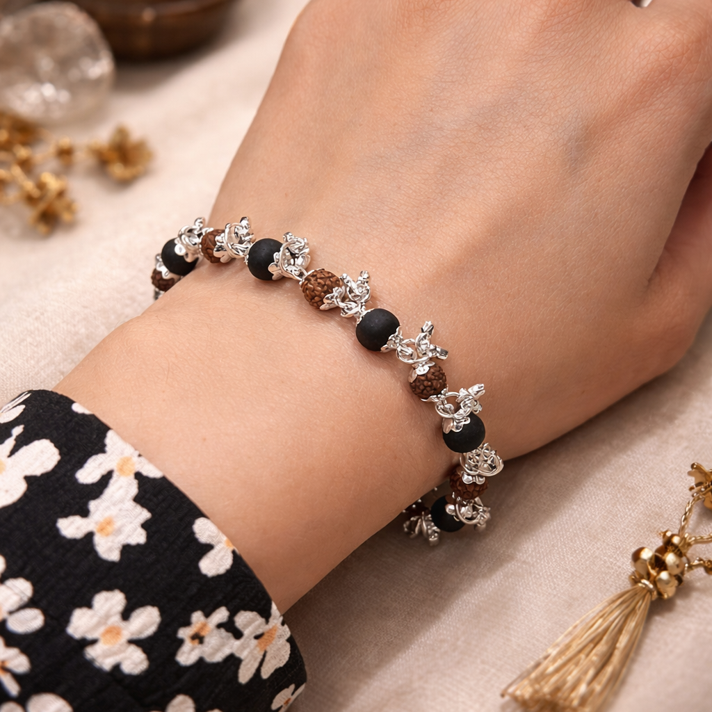 Rudraksha Karungali Malai Necklace & Bracelet Combo - Silver Plated