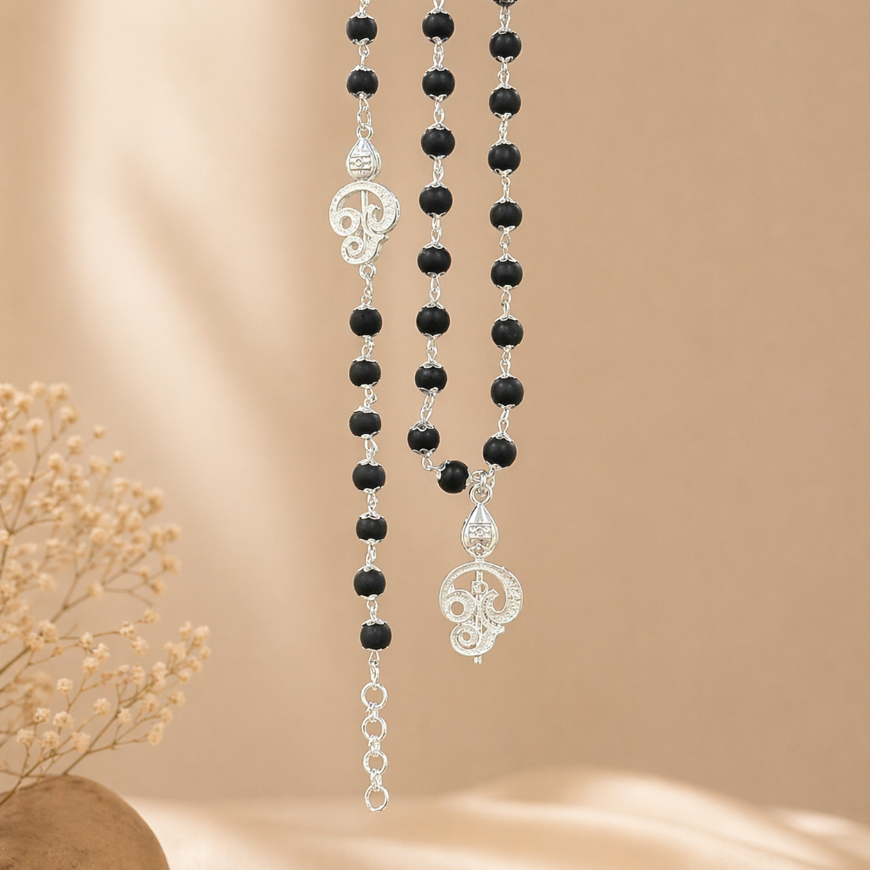 Murugan Vel Karungali Malai Necklace & Bracelet Combo - Silver Plated