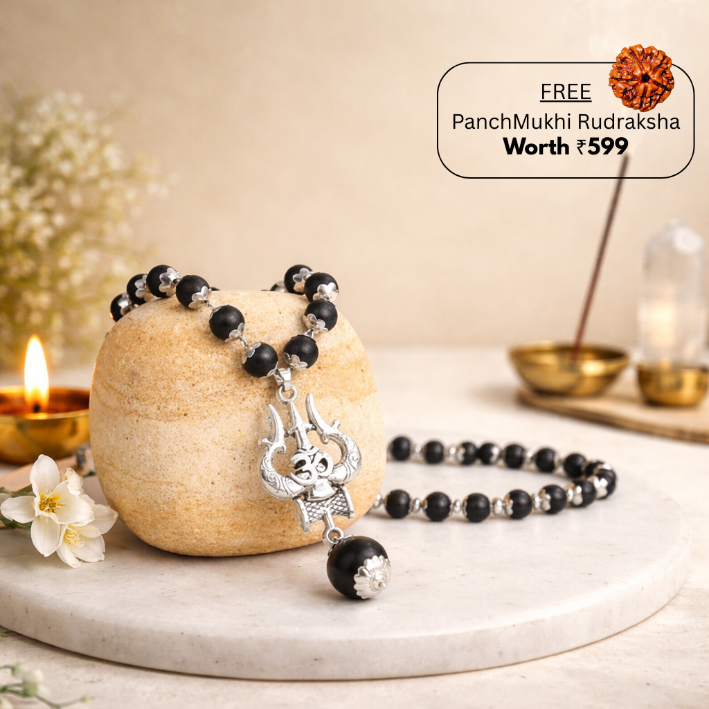 Shiv Om Karungali Mala Necklace (Silver-Plated) – Certified | Free Rudraksha
