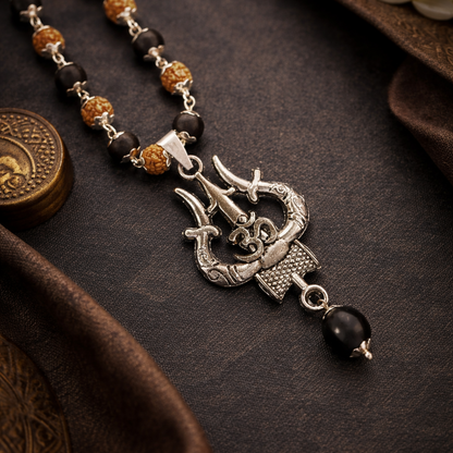 Silver Plated Om Trishul Rudraksha Karungali Necklace