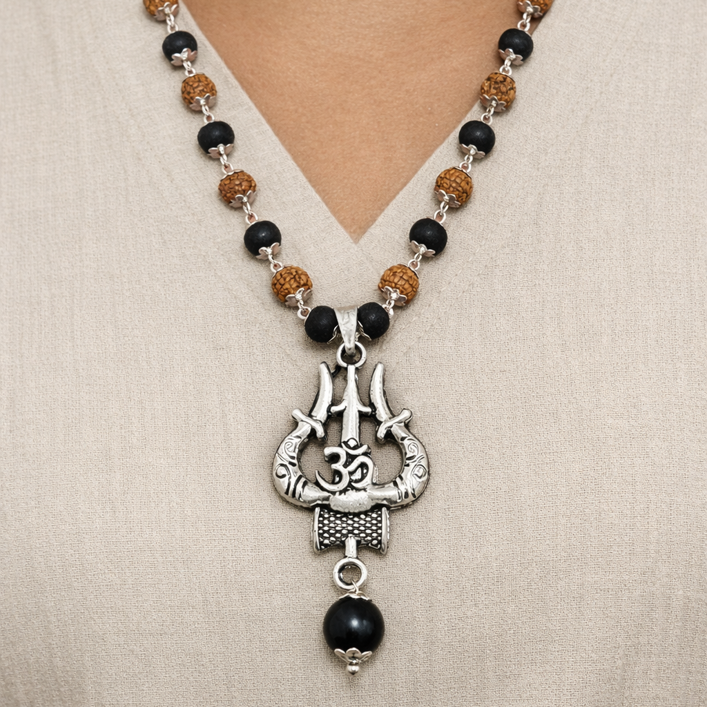 Silver Plated Om Trishul Rudraksha Karungali Necklace