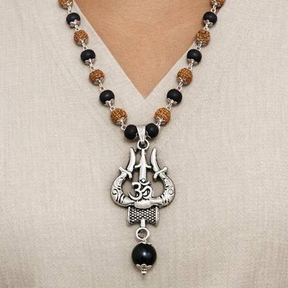 Silver Plated Om Trishul Rudraksha Karungali Necklace