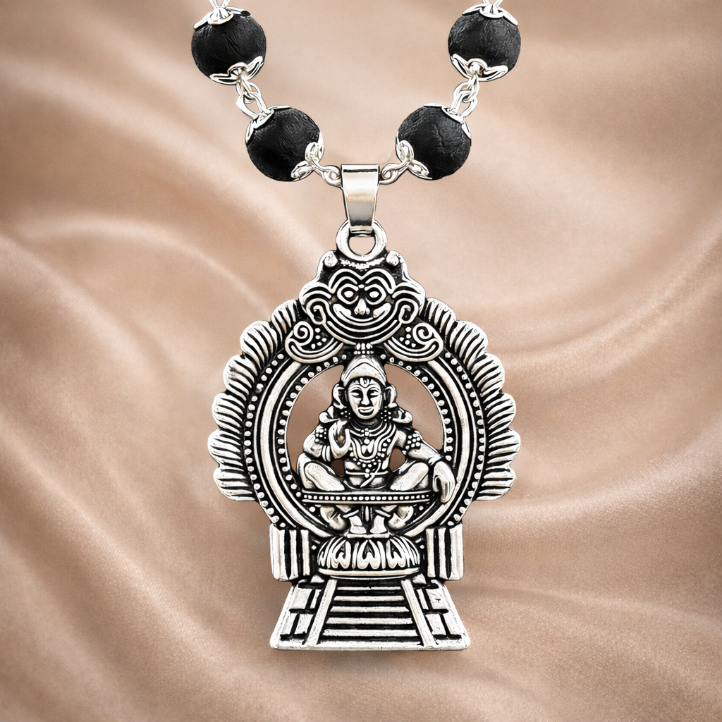 Lord Ayyappa Karungali Malai Necklace - Silver Plated