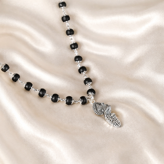 Vel Peacock Pendant Karungali Malai Necklace - Silver Plated