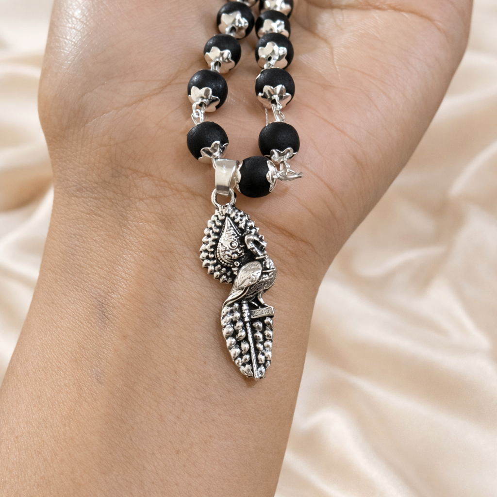 Vel Peacock Pendant Karungali Malai Necklace - Silver Plated