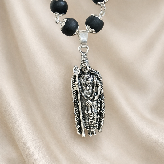 Divine Lord Murugan Karungali Malai Necklace - Silver Plated