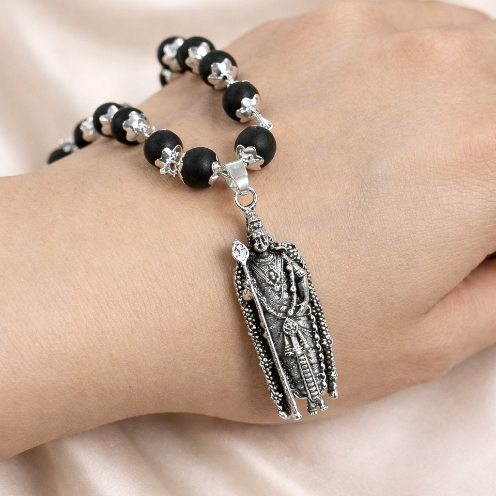 Divine Lord Murugan Karungali Malai Necklace - Silver Plated