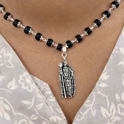Divine Lord Murugan Karungali Malai Necklace - Silver Plated