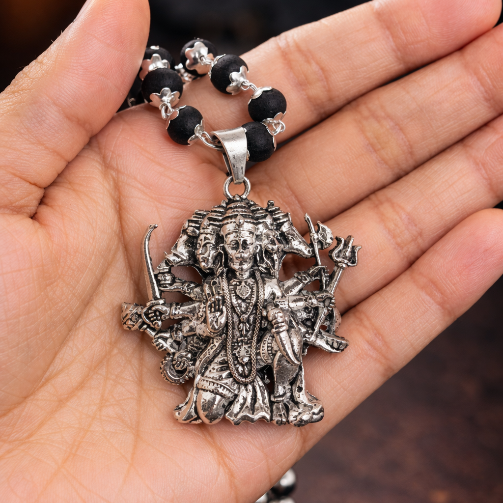 Panchmukhi Hanuman Karungali Malai Necklace - Silver Plated