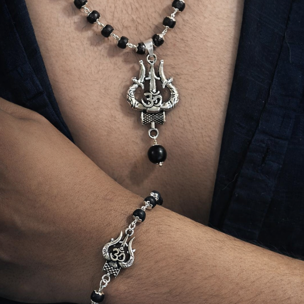 Om Trishul Karungali Bracelet & Necklace Combo - Silver Plated