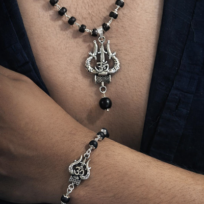 Om Trishul Karungali Bracelet & Necklace Combo - Silver Plated