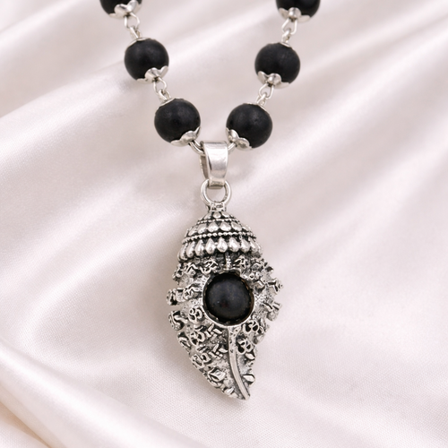 OM Shankh Karungali Malai Necklace - Silver Plated