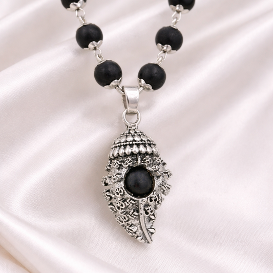 OM Shankh Karungali Malai Necklace - Silver Plated