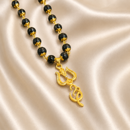 Om Trishul Pendant Gold Plated Karungali Beads Necklace – Certified