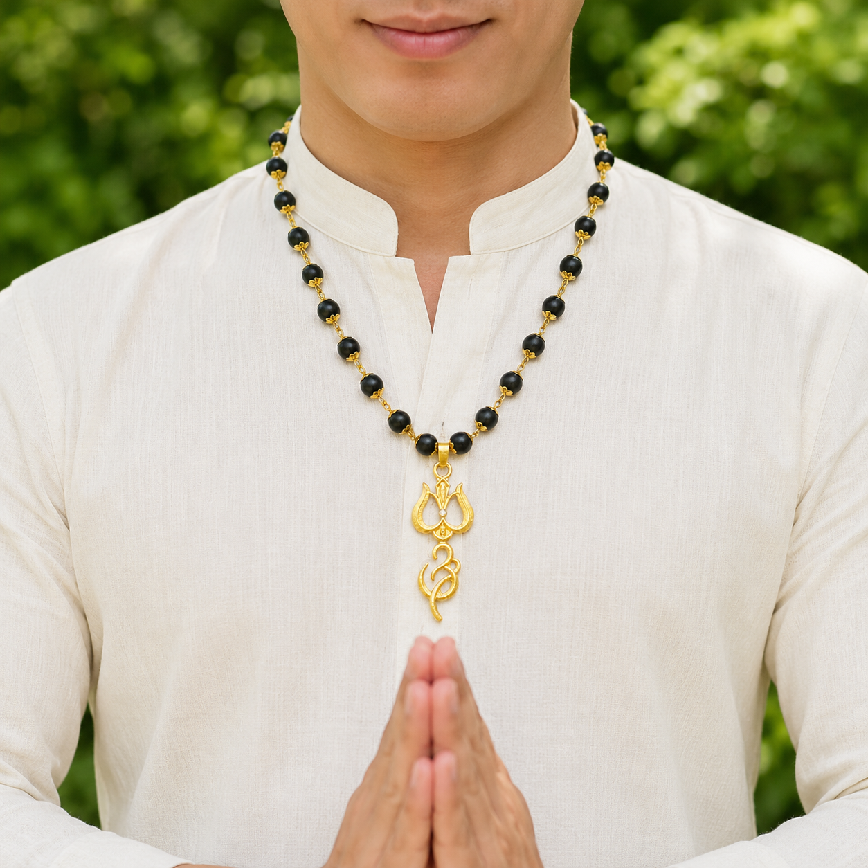 Om Trishul Pendant Gold Plated Karungali Beads Necklace – Certified