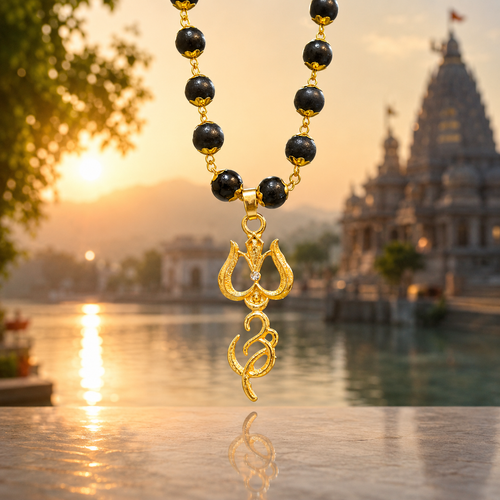 Om Trishul Pendant Gold Plated Karungali Beads Necklace – Certified