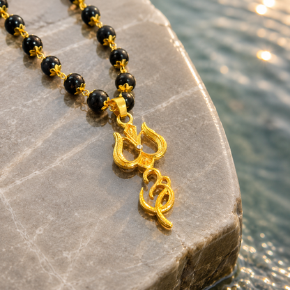 Om Trishul Pendant Gold Plated Karungali Beads Necklace – Certified