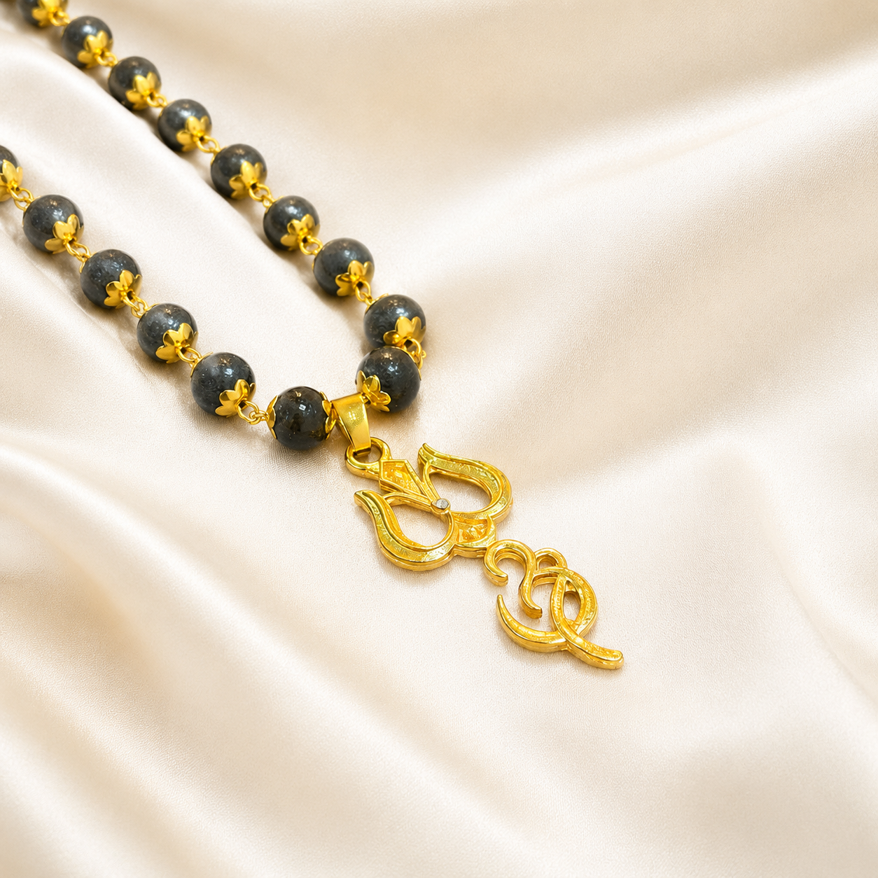 Om Trishul Pendant Gold Plated Karungali Beads Necklace – Certified