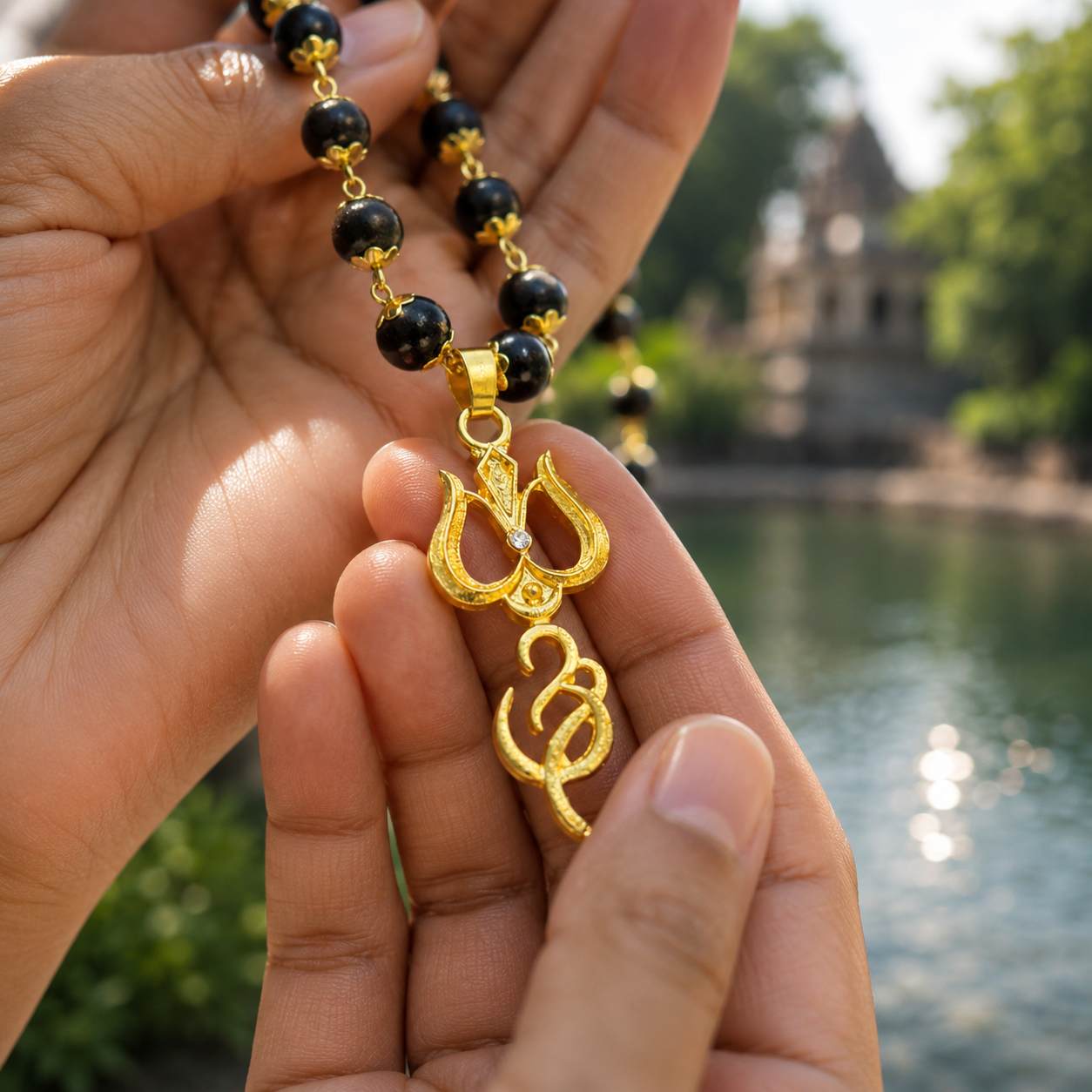 Om Trishul Pendant Gold Plated Karungali Beads Necklace – Certified