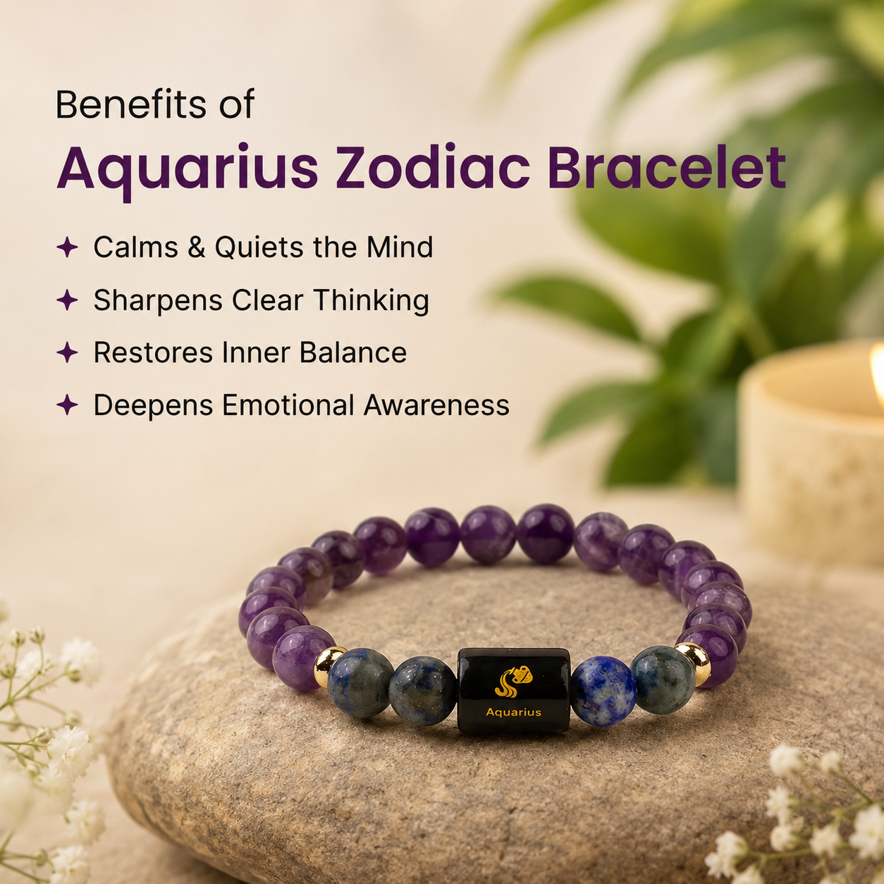 Aquarius (कुंभ राशि) Zodiac Amethyst & Lapis Lazuli Bracelet