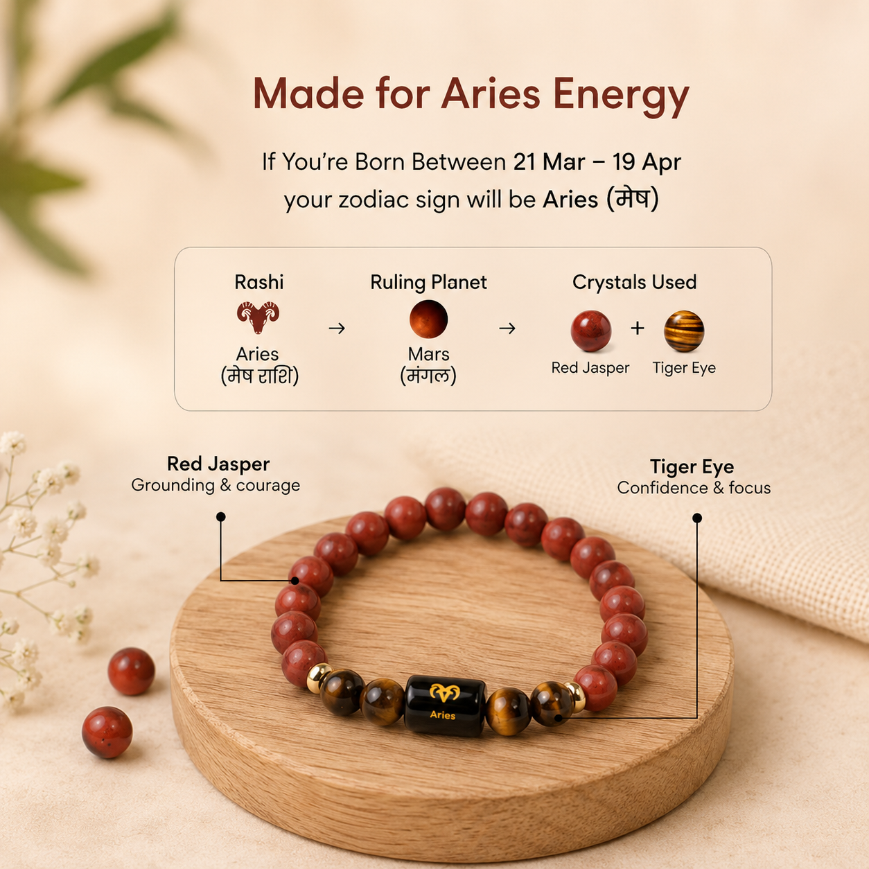 Aries (मेष राशि) Zodiac Red Jasper & Tiger Eye Bracelet
