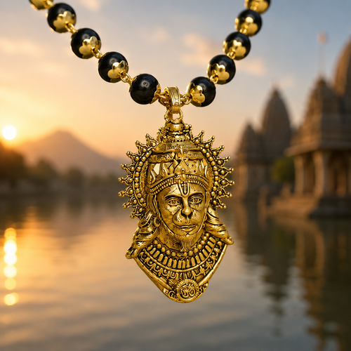 Gold BajrangBali Pendant Karungali Mala with intricate design in front of a scenic background with water and mountains.