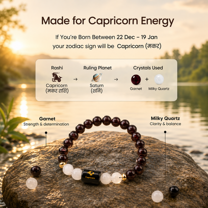 Capricorn (मकर राशि) Zodiac Garnet & Milky Quartz Bracelet