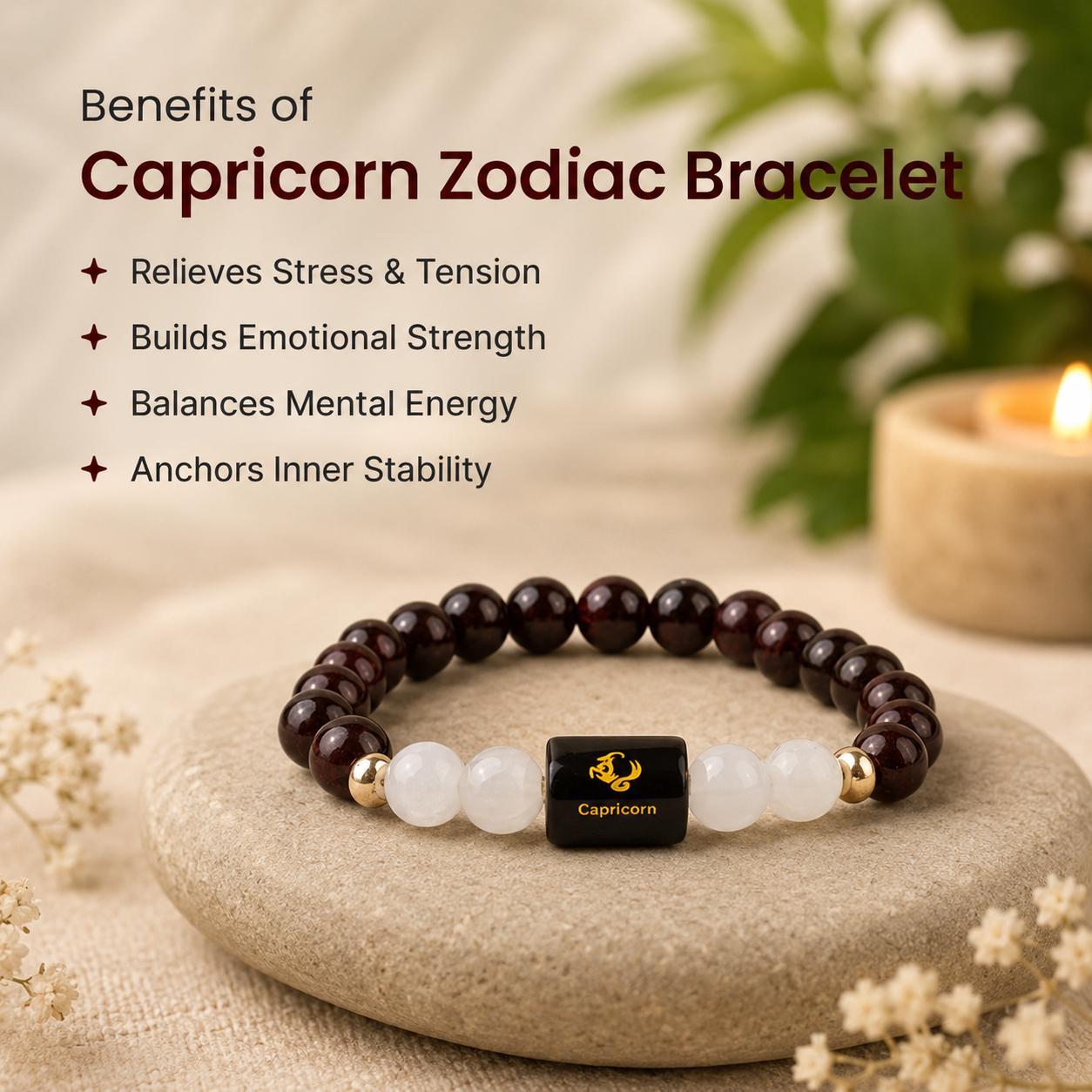 Capricorn (मकर राशि) Zodiac Garnet & Milky Quartz Bracelet