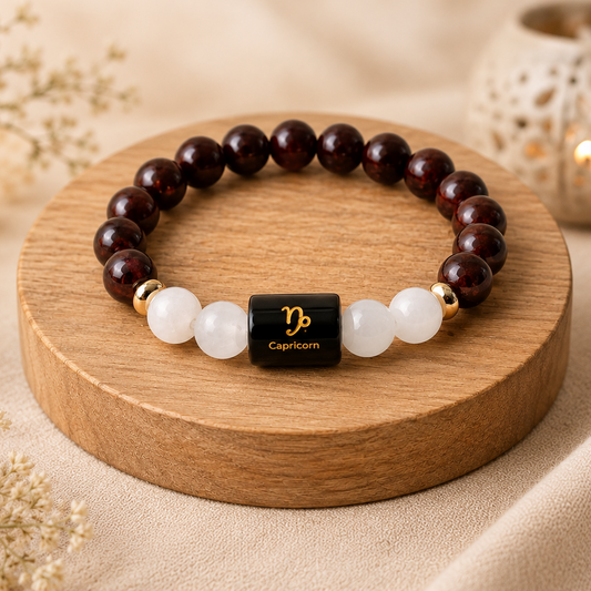 Capricorn (मकर राशि) Zodiac Garnet & Milky Quartz Bracelet