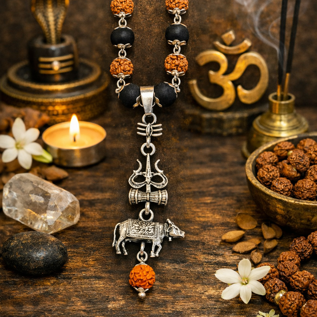 Shiv Nandi Rudraksha Karungali Necklace - Silver Plated