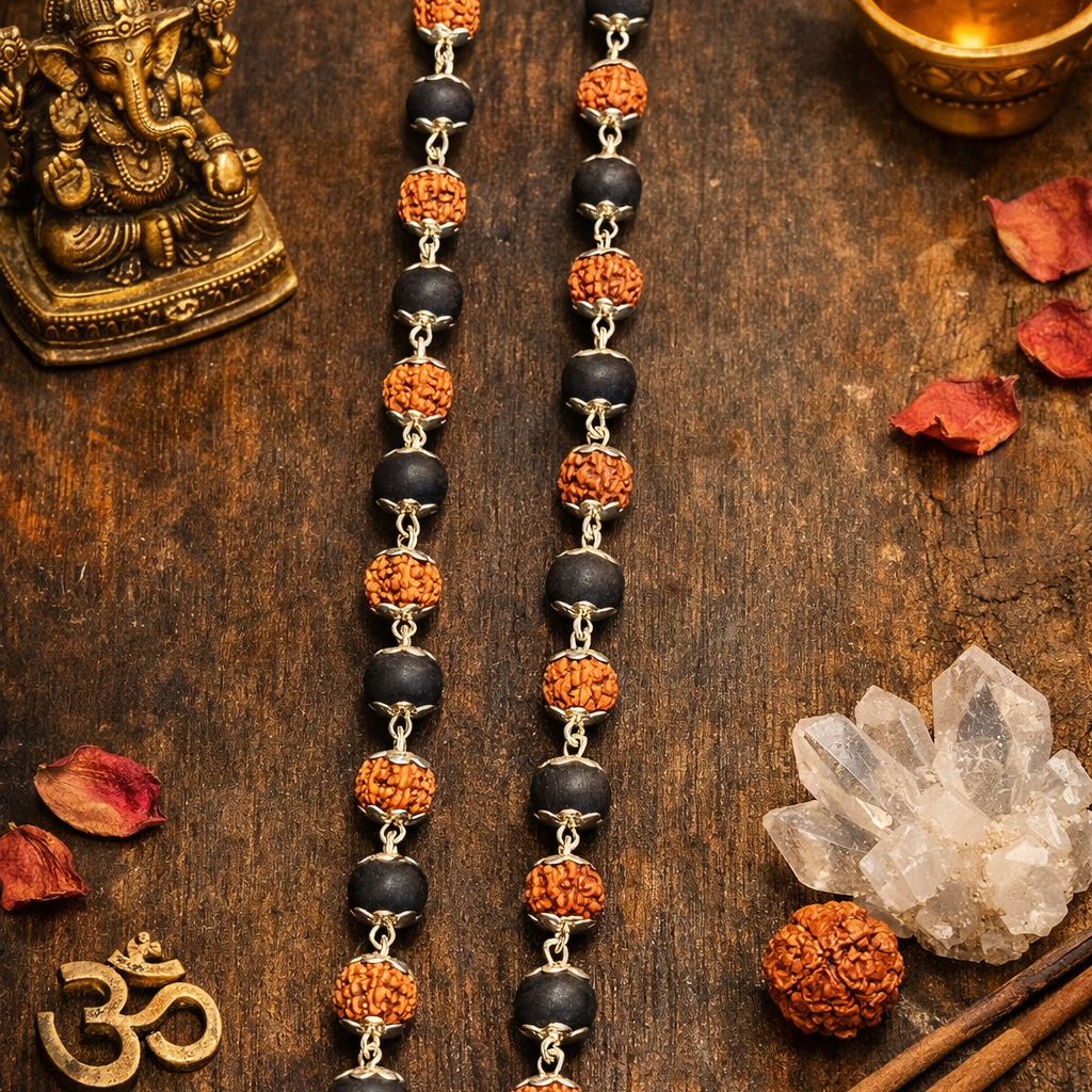 Shiv Nandi Rudraksha Karungali Necklace - Silver Plated