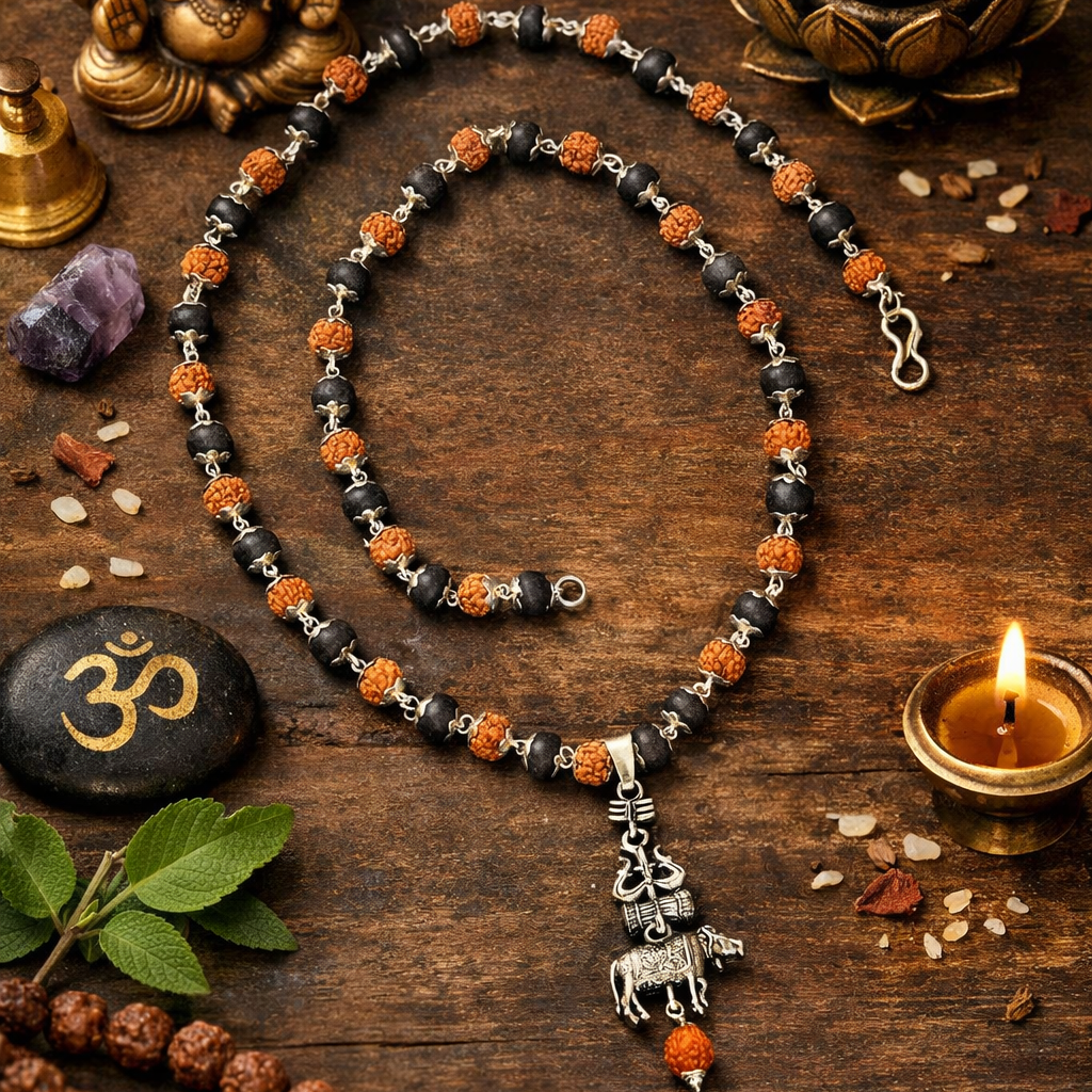 Shiv Nandi Rudraksha Karungali Necklace - Silver Plated