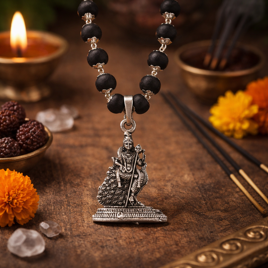 Lord Murugan Peacock Karungali Malai Necklace - Silver Plated