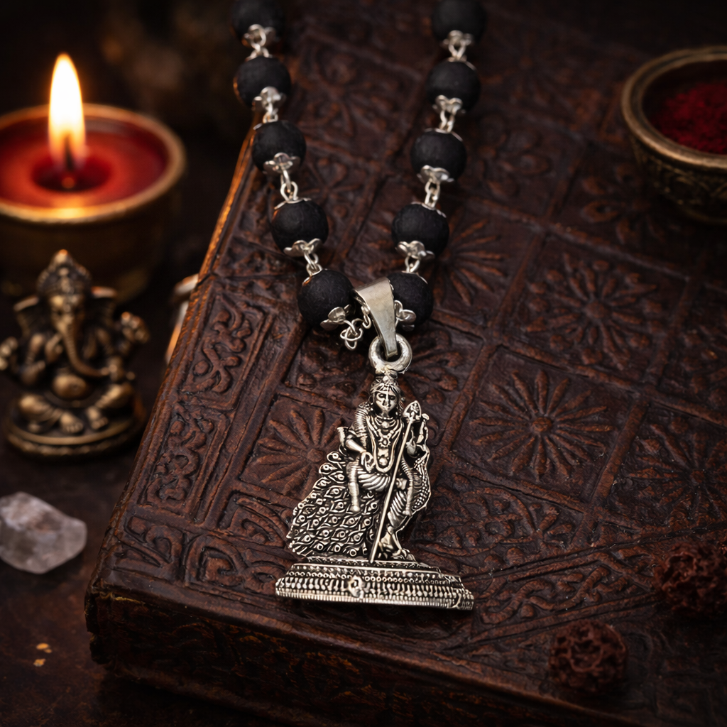 Lord Murugan Peacock Karungali Malai Necklace - Silver Plated
