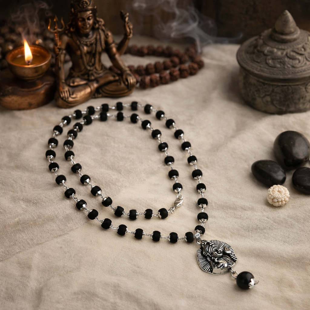 Lord Kartikeya Karungali Malai Necklace - Silver Plated