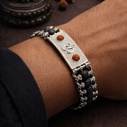 Om Rudraksha Karungali Bracelet - Silver Plated