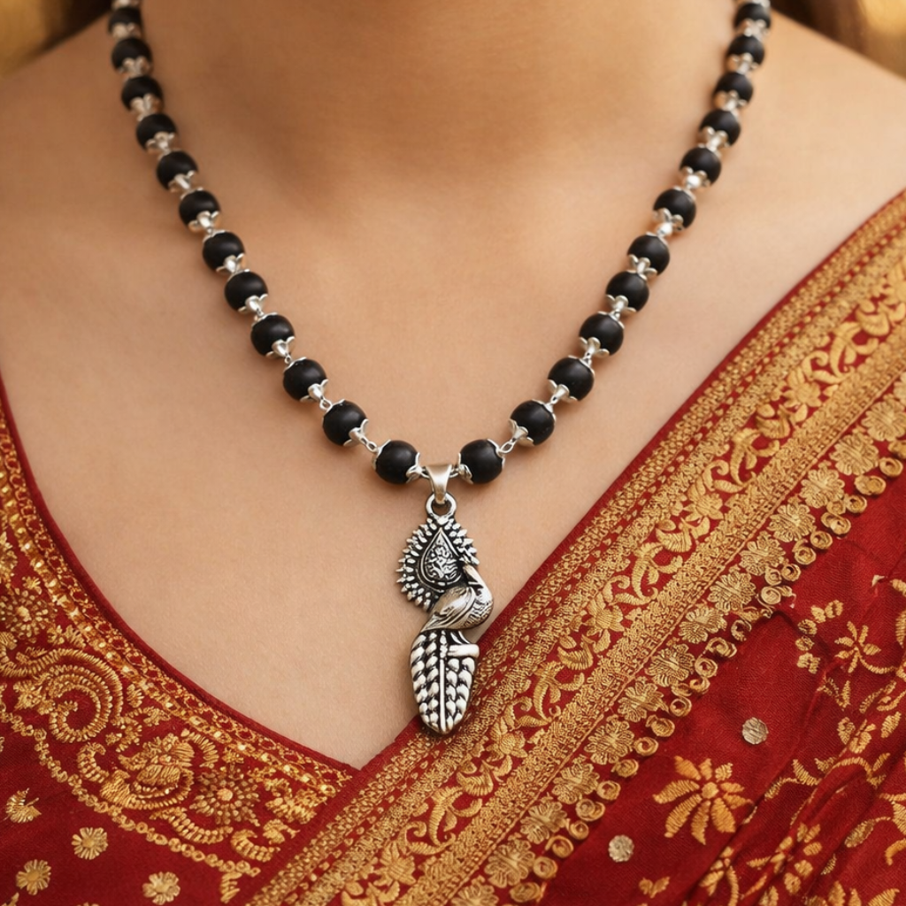 Vel Peacock Pendant Karungali Malai Necklace - Silver Plated