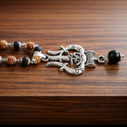 Silver Plated Om Trishul Rudraksha Karungali Necklace