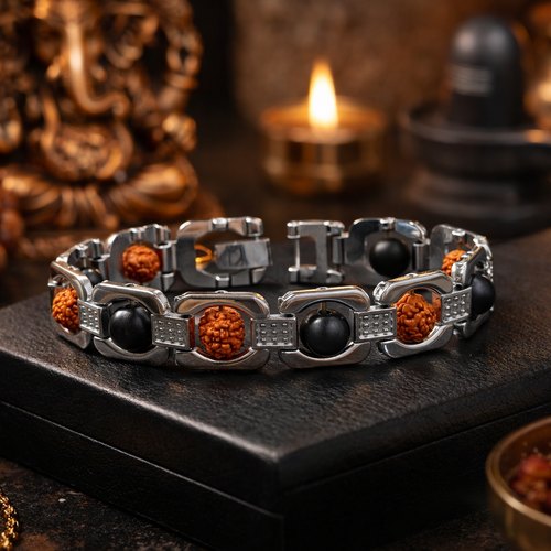 Karungali Rudraksha Cuban Bracelet - Silver Plated