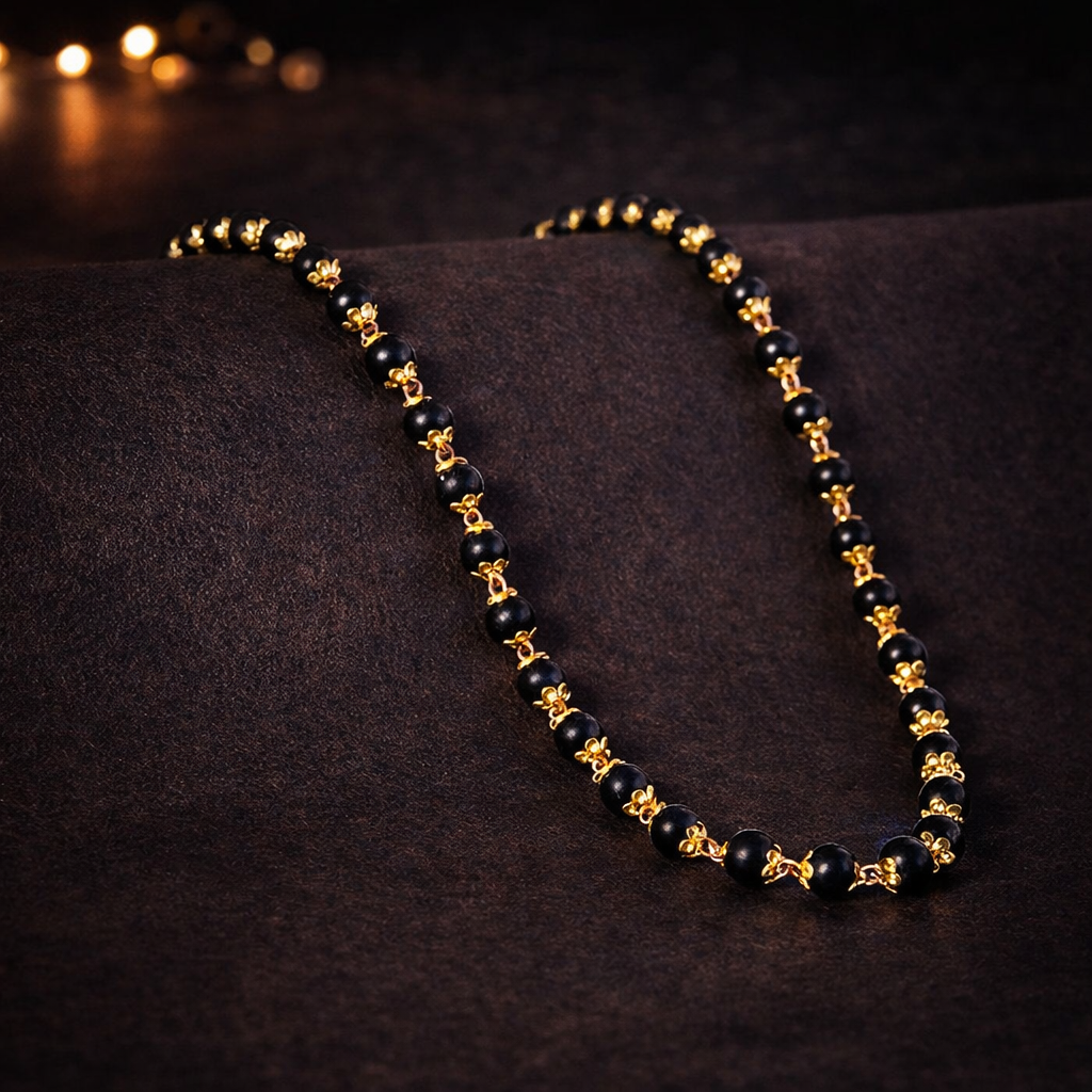 Karungali Beads Necklace with Gold Plated Caps – Certified