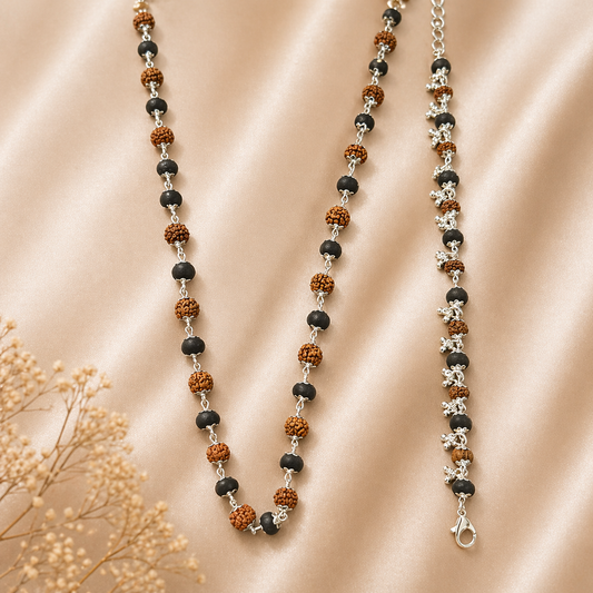 Rudraksha Karungali Malai Necklace & Bracelet Combo - Silver Plated