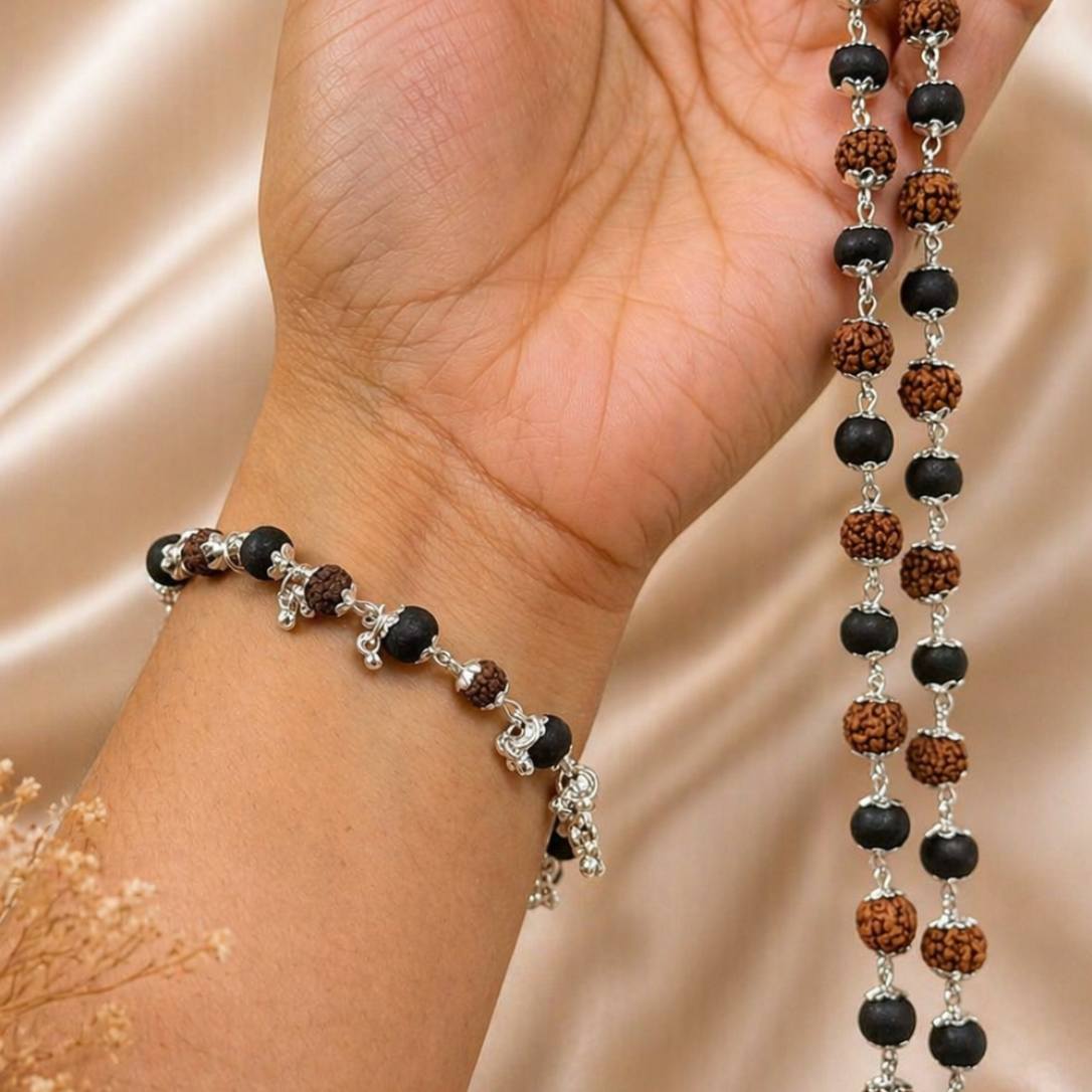 Rudraksha Karungali Malai Necklace & Bracelet Combo - Silver Plated
