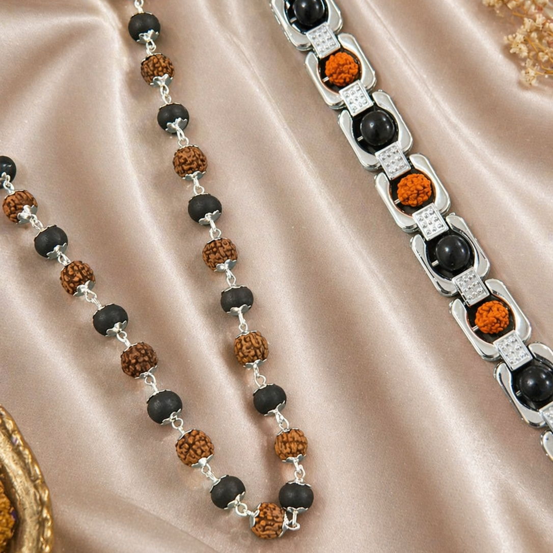 Rudraksha Karungali Malai Necklace & Cuban Bracelet Combo - Silver Plated