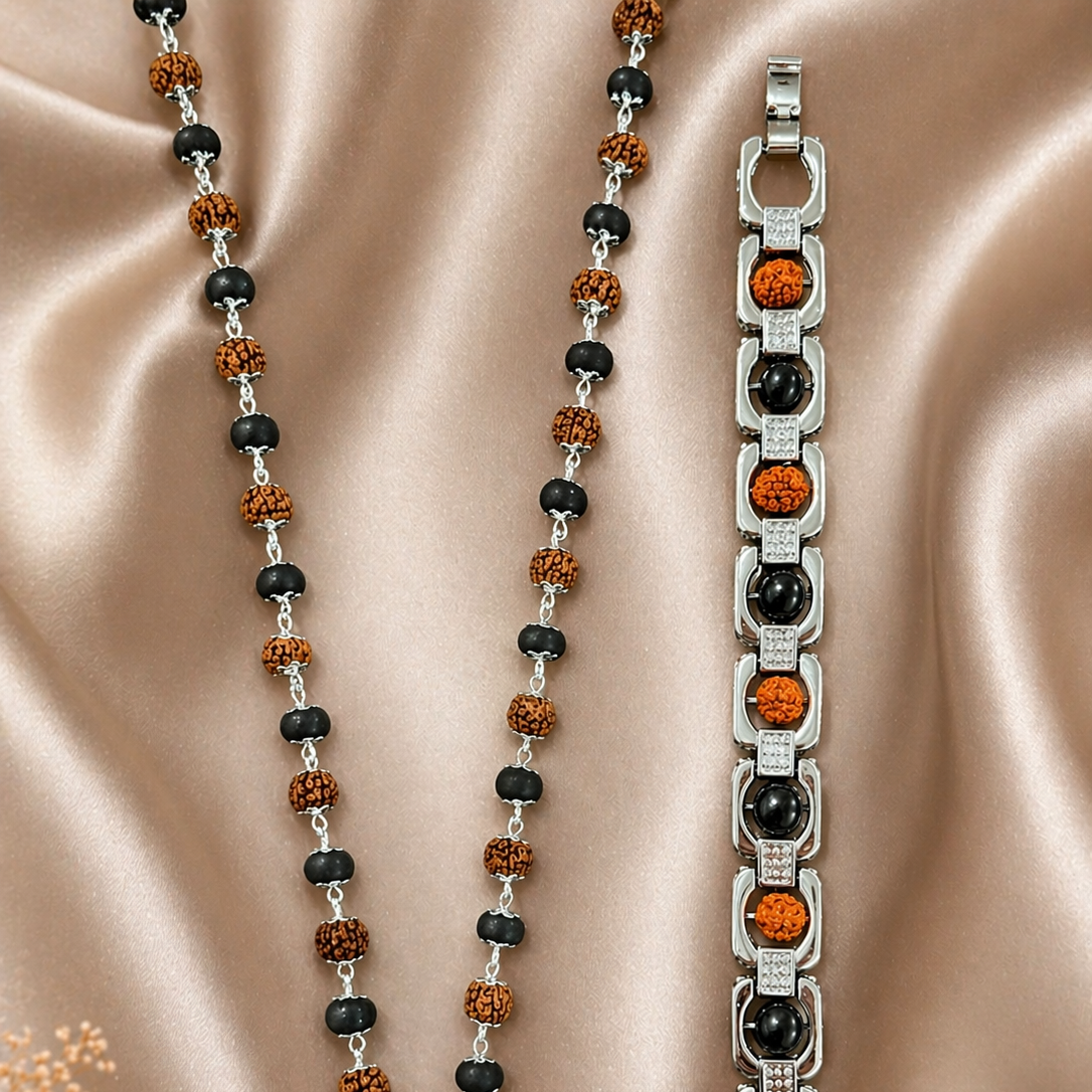 Rudraksha Karungali Malai Necklace & Cuban Bracelet Combo - Silver Plated