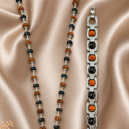Rudraksha Karungali Malai Necklace & Cuban Bracelet Combo - Silver Plated